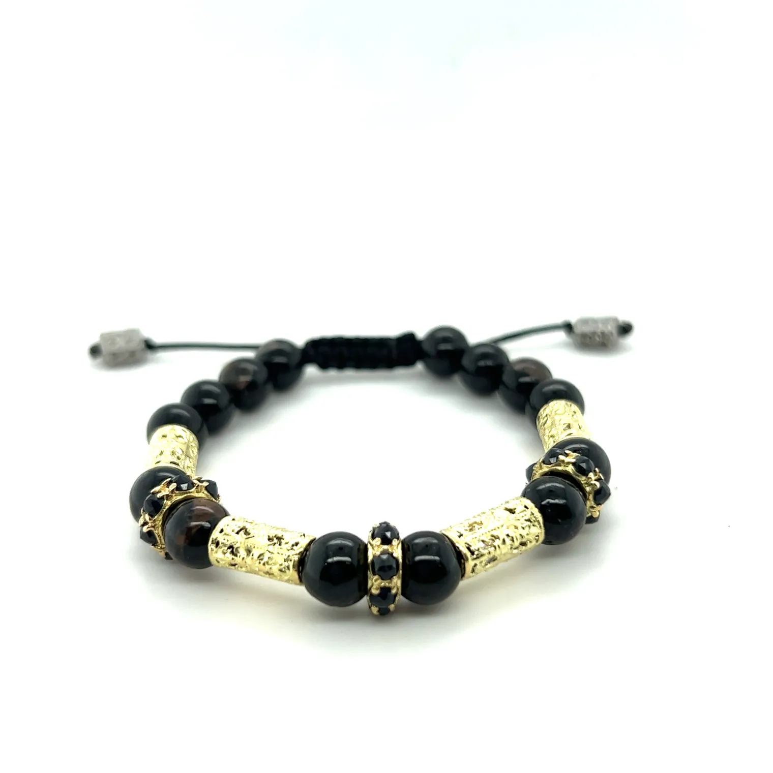 ARTIFACT BEADED PULL BRACELET WITH BLACK TOURMALINE AND GOLD STATIONS