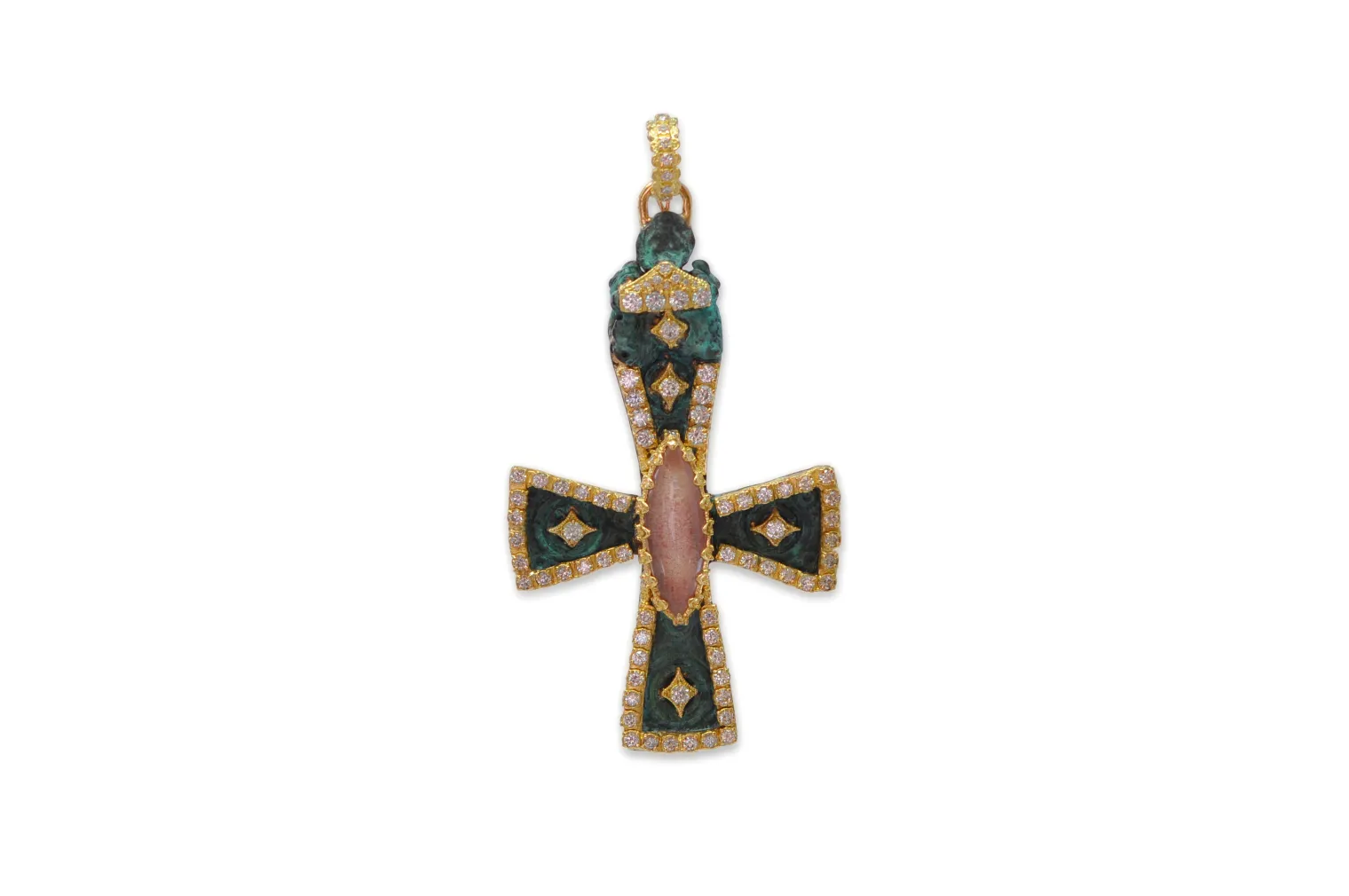 ARTIFACT CROSS IN TEAL PATINA WITH MARQUIS QUARTZ AND WHITE DIAMONDS ENHANCER