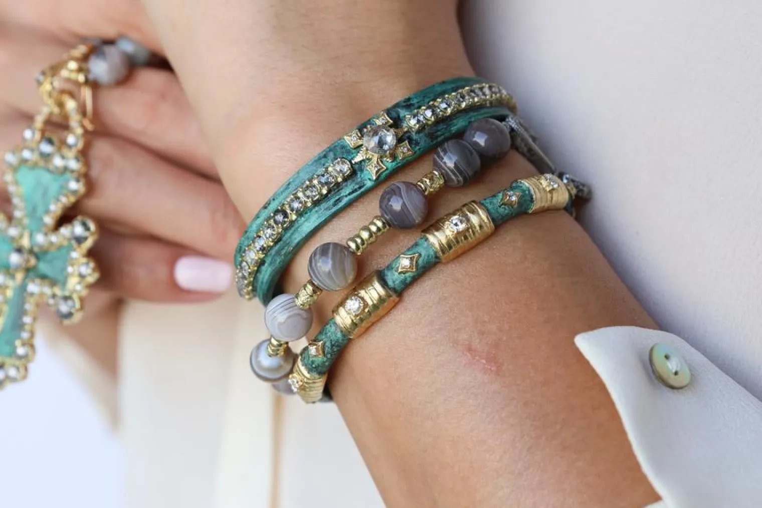 ARTIFACT KICK CUFF BRACELET WITH TEAL PATINA AND GREY DIAMONDS