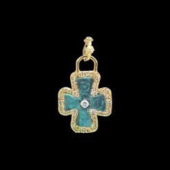 ARTIFACT ROUNDED CROSS ENHANCER WITH WHITE DIAMONDS AND TEAL PATINA