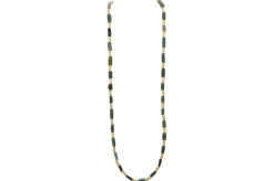 32" BEADED NECKLACE WITH TURQUOISE CERAMIC AFGHANI AND CARVED