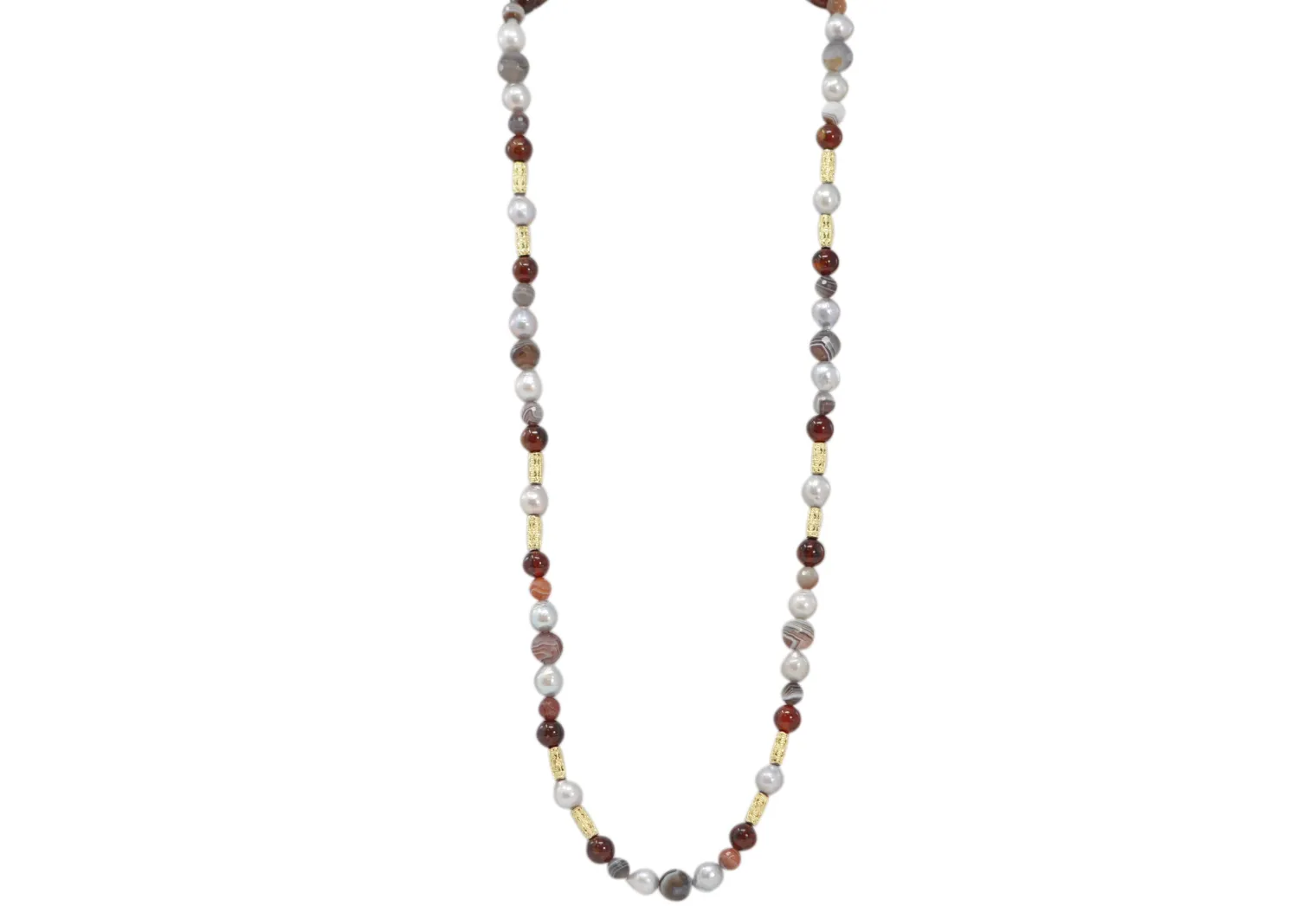 Botswana Agate, Pearls, and Garnet Beaded Necklace