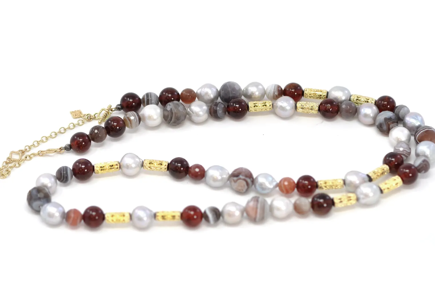 Botswana Agate, Pearls, and Garnet Beaded Necklace