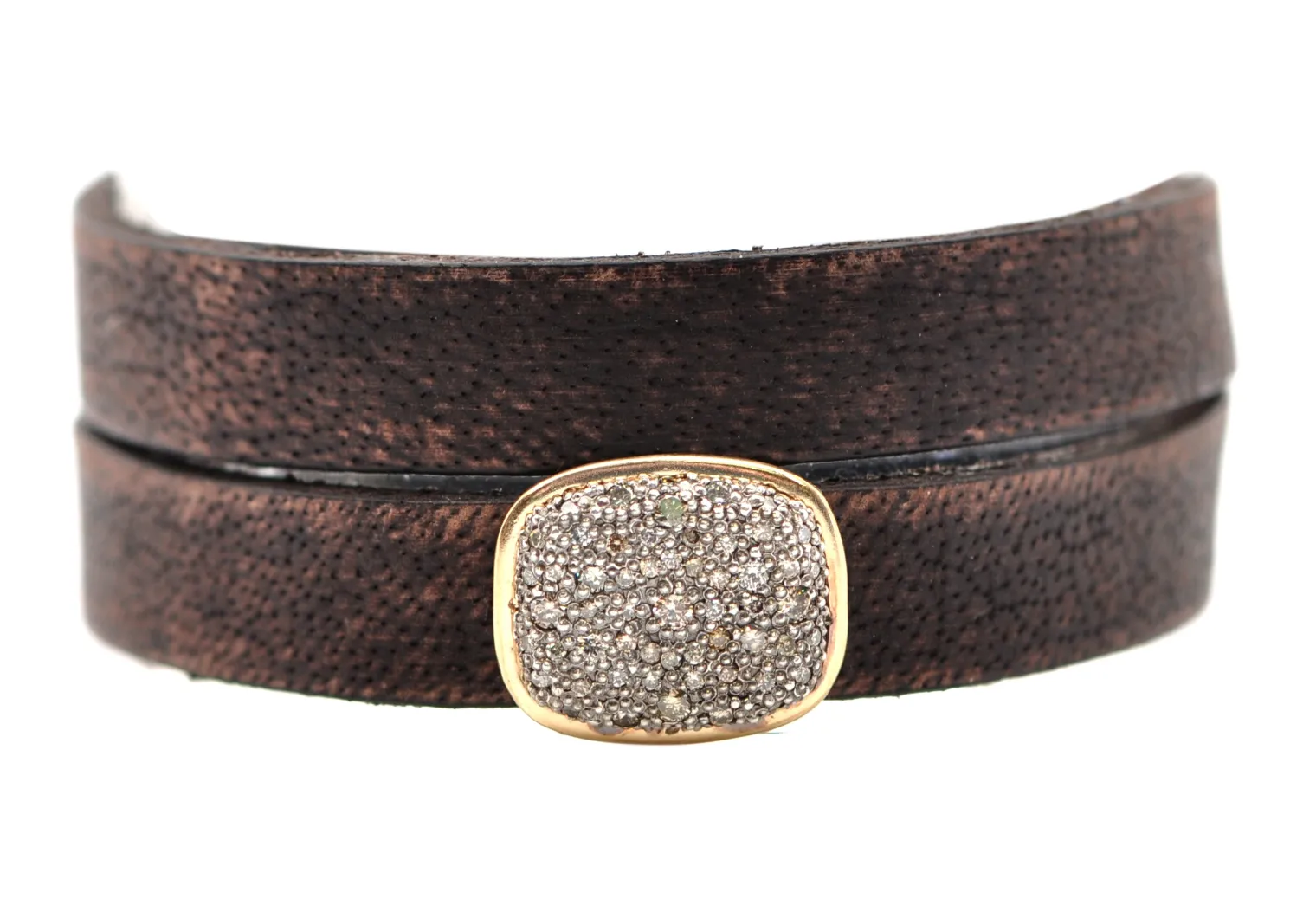 BROWN DOUBLE WRAP PAVE MEDALLION LEATHER BRACELET