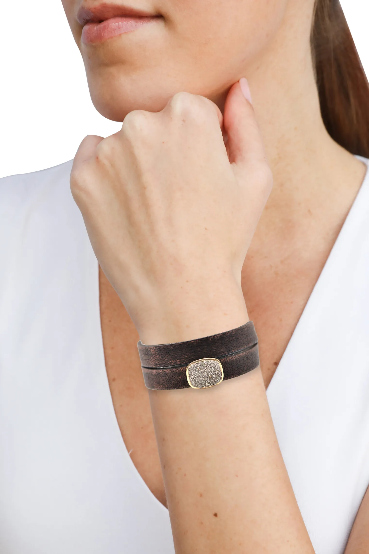 BROWN DOUBLE WRAP PAVE MEDALLION LEATHER BRACELET