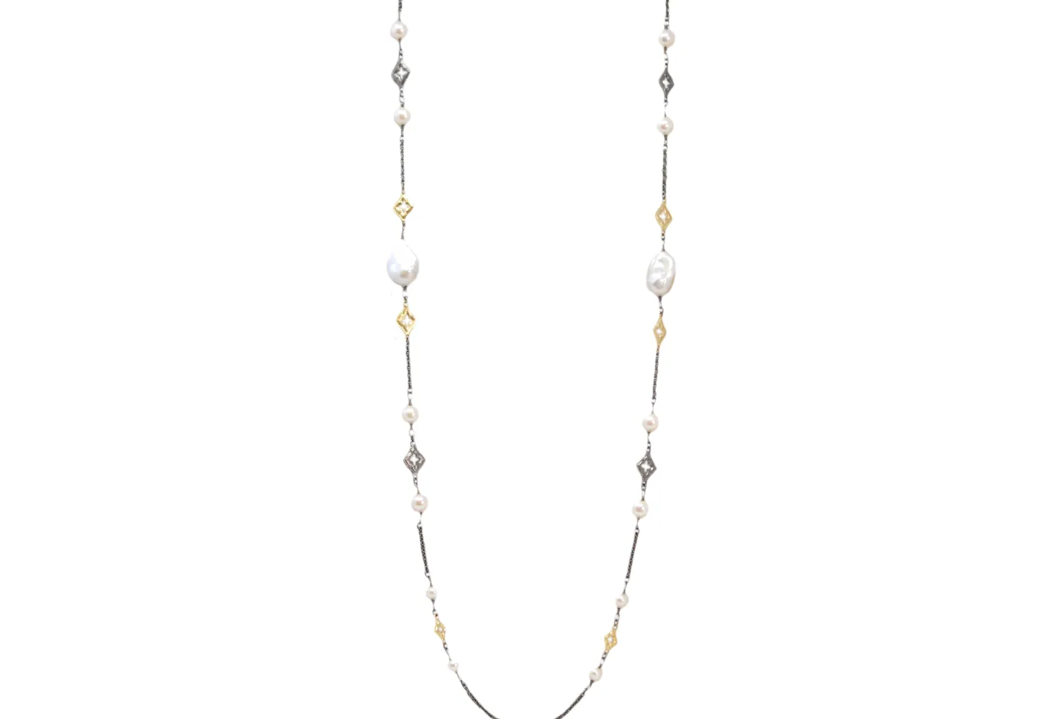 Pearl and Scroll Stations On Cable Chain Necklace