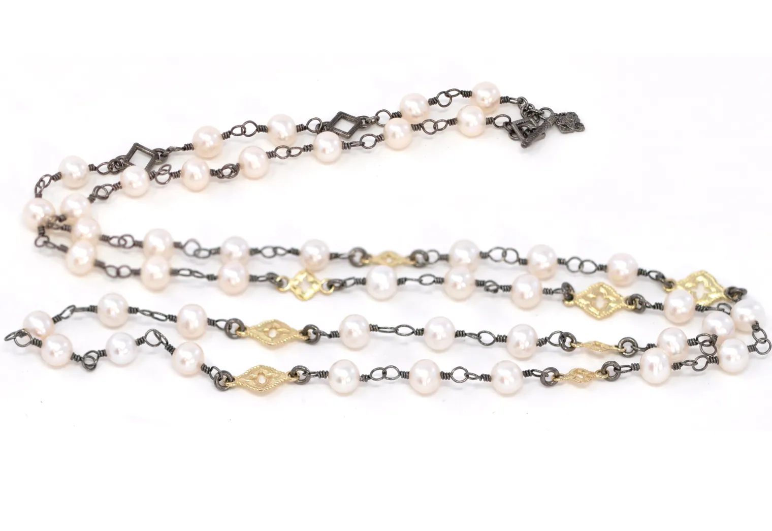 Pearl and Scroll Stations On Cable Chain Necklace