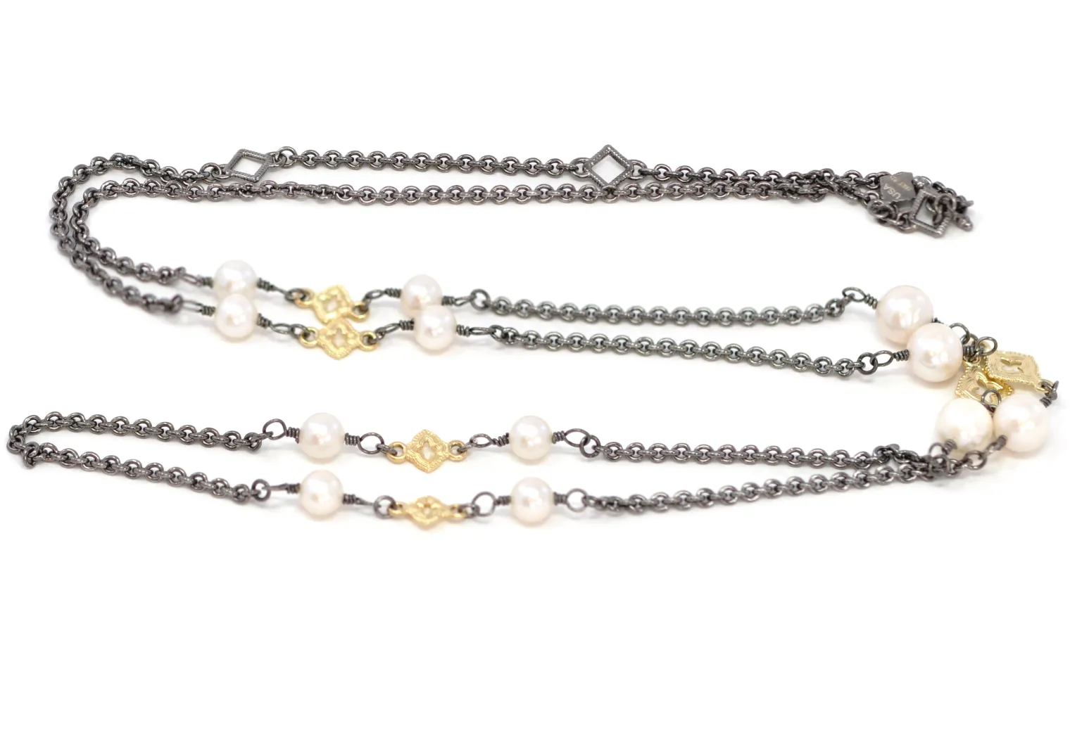 Pearl and Scroll Stations On Cable Chain Necklace
