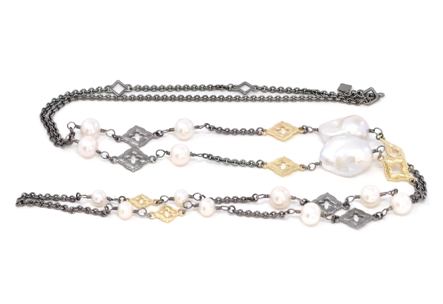 Pearl and Scroll Stations On Cable Chain Necklace