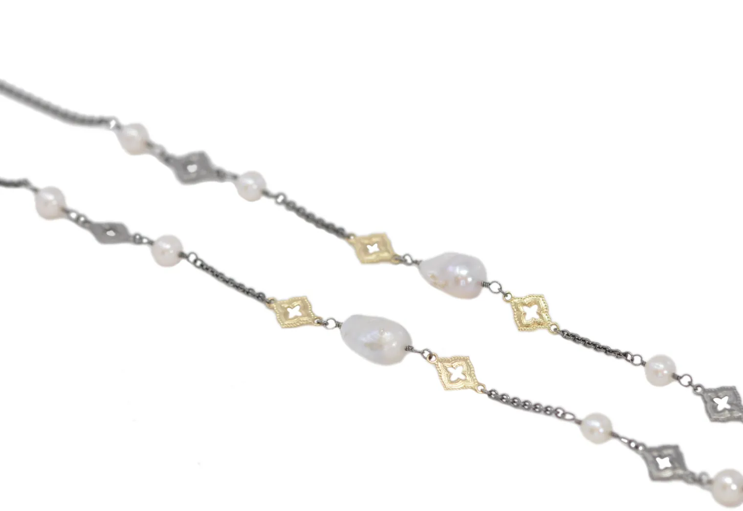 Pearl and Scroll Stations On Cable Chain Necklace