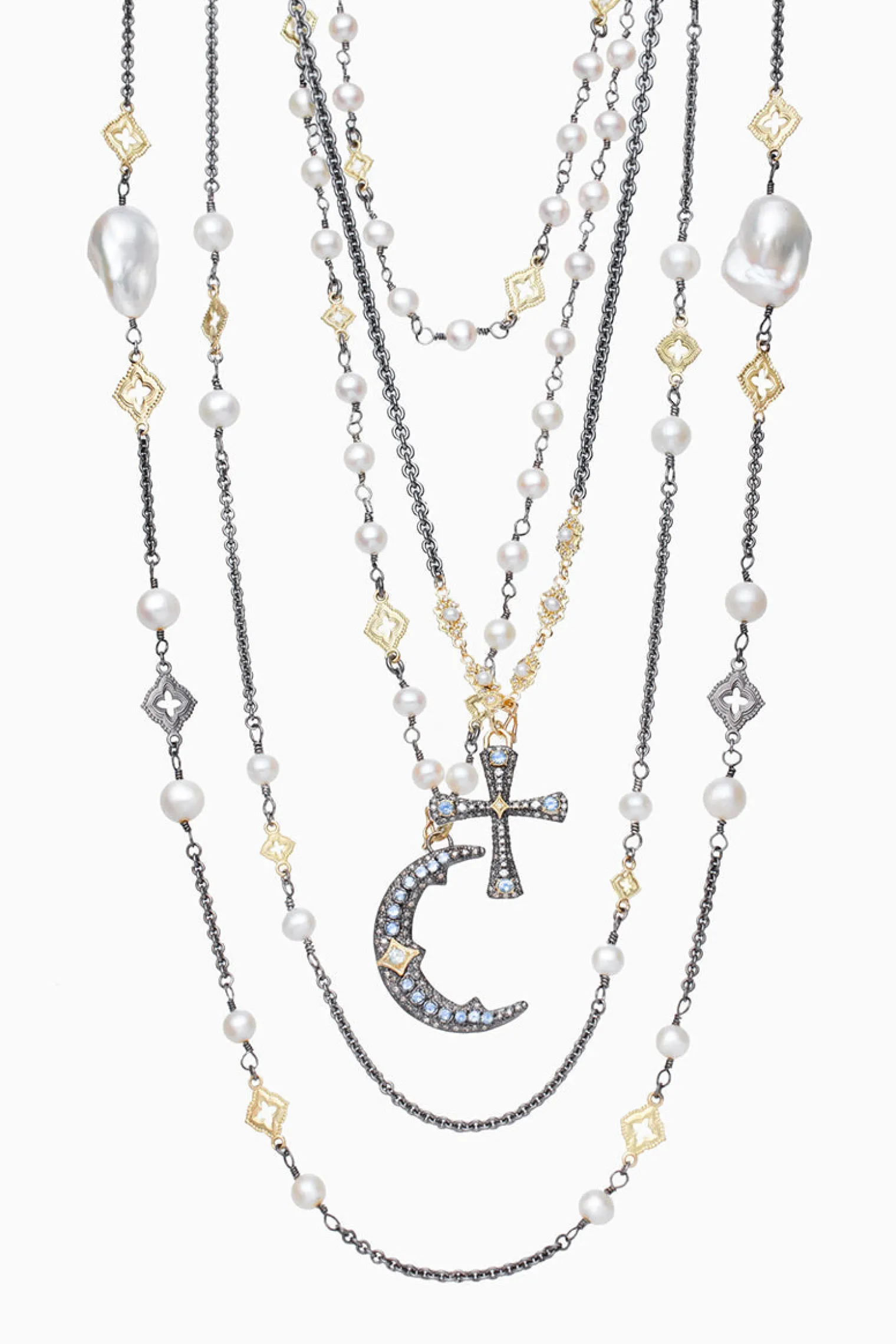 Pearl and Scroll Stations On Cable Chain Necklace