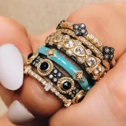 Rose Cut Black Sapphires Stack Band Ring with diamonds
