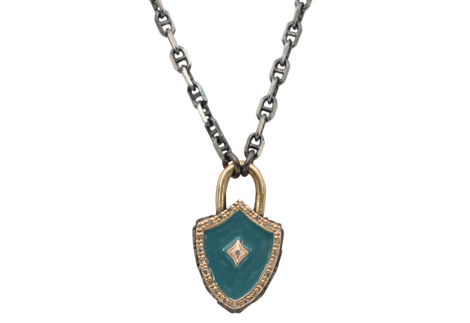 18" TEAL ENAMEL SHIELD PENDANT NECKLACE