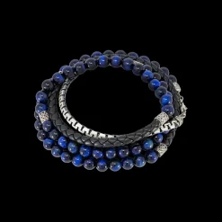 TRIPLE WRAP BEADED BRACELET WITH  BLUE LAPIS AND BLACK LEATHER