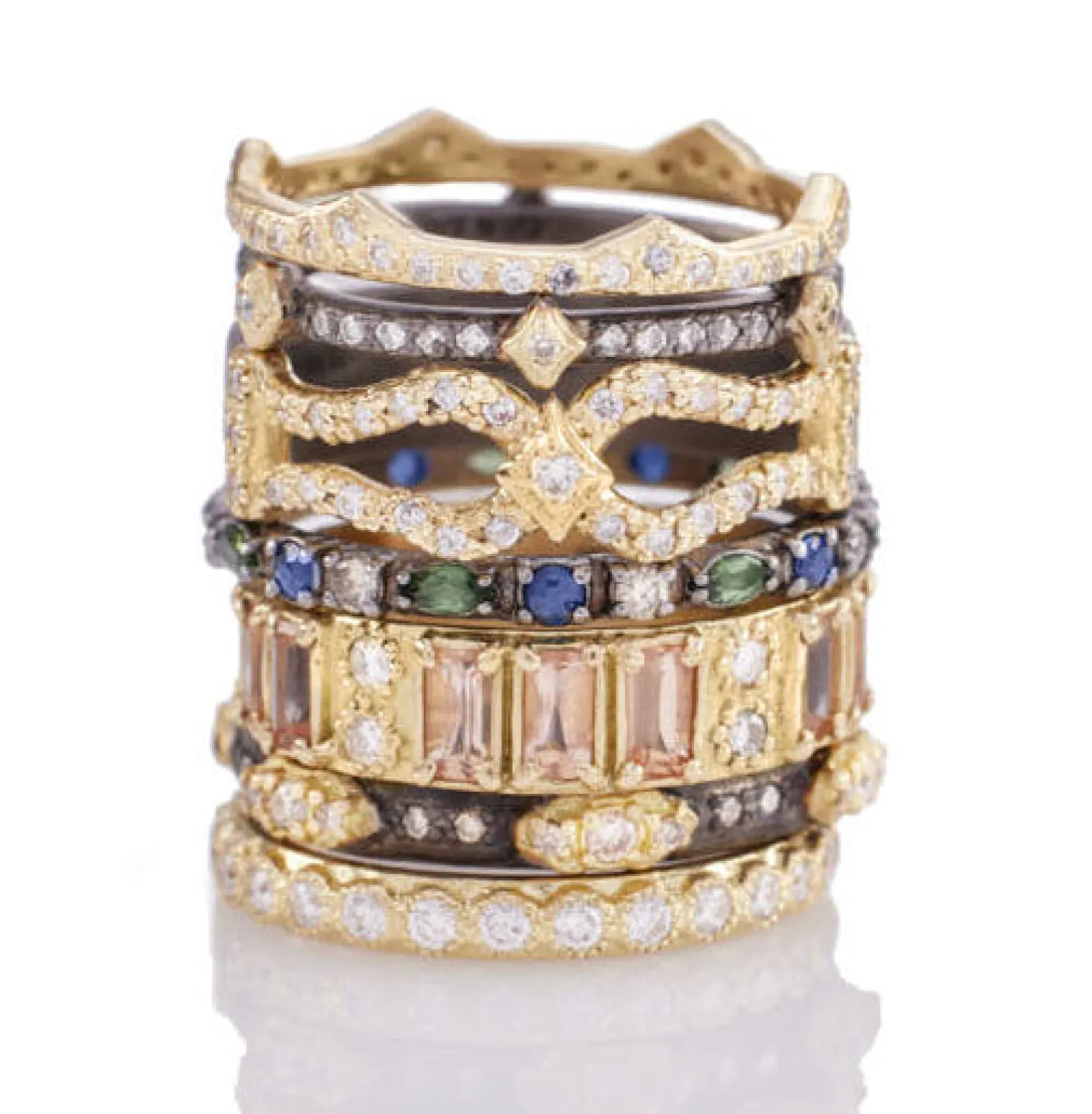 Wide Yellow Gold with Peach Imperial Topaz Stations Stack Ring