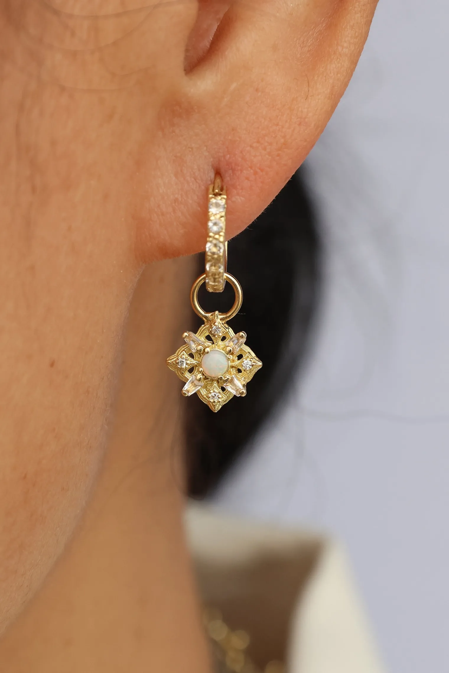 YELLOW GOLD HUGGIE HOOP DROP EARRINGS