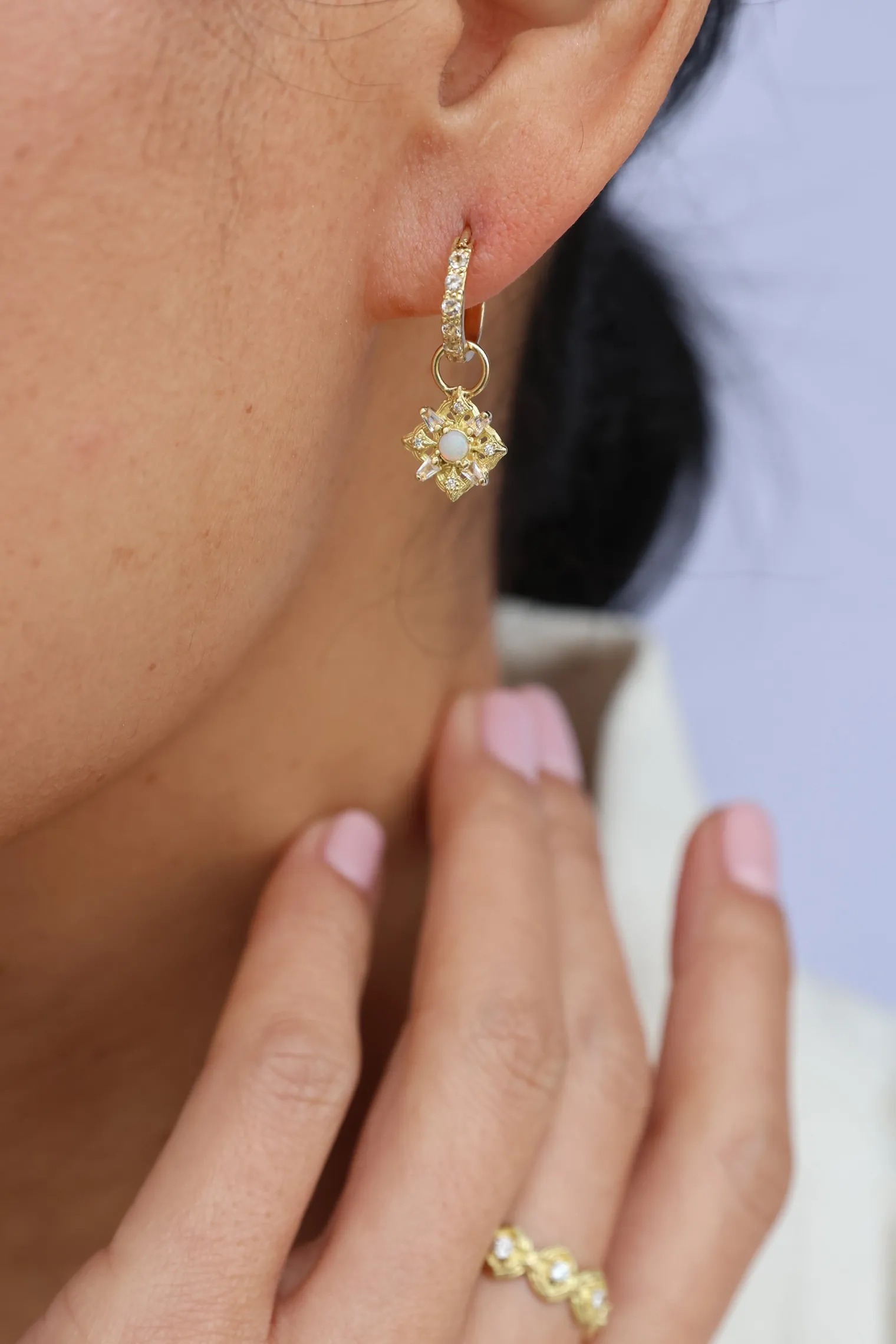 YELLOW GOLD HUGGIE HOOP DROP EARRINGS